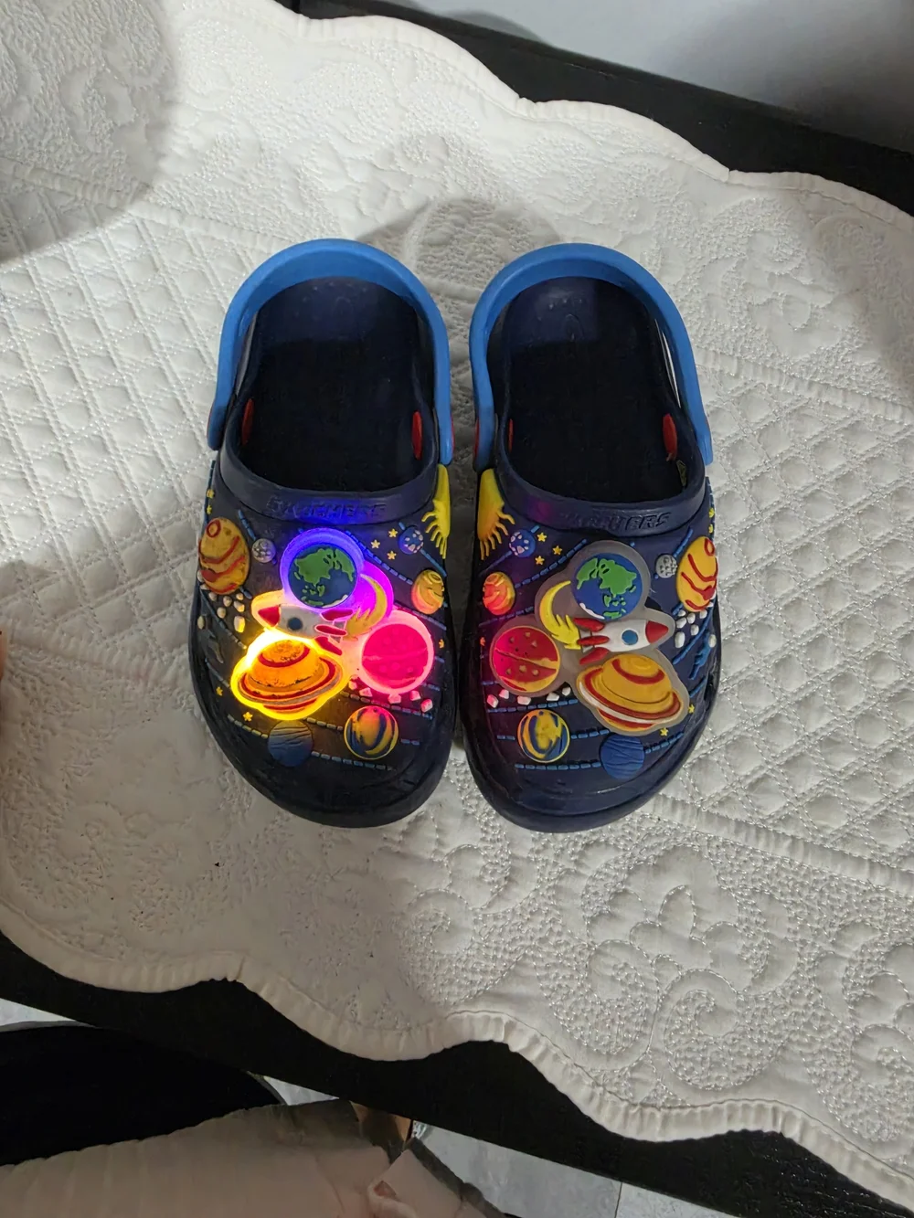 Skechers Kids Space-Print Light Up Slip-On Clogs in Navy and Blue